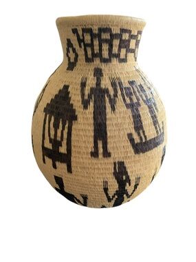 Wounaan Style Handwoven Basket Animal Motif Panama Chunga Palm Tribal Art Vase